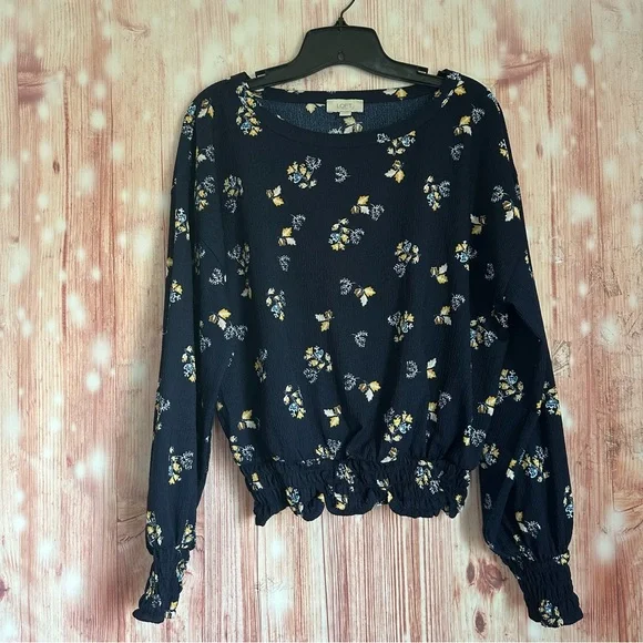 Loft Outlet Navy Blue Smocked Waistband Yellow Floral Print Blouse Size L - Picture 1 of 9